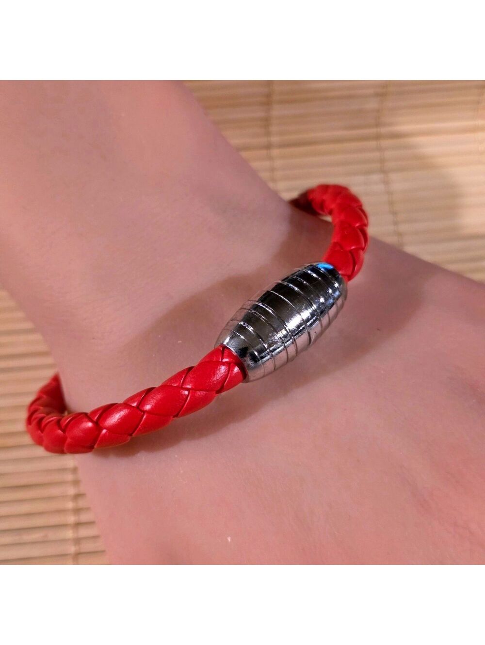 Red Braided Thick Vegan Leather Magnetic Clasp Bangle Bracelet